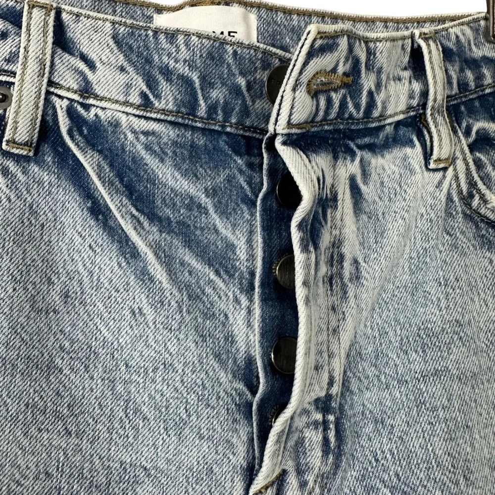 FRAME Le Slouch Bermuda Denim Shorts Acid Wash‎ Blue Button Fly Raw Hem Size 28